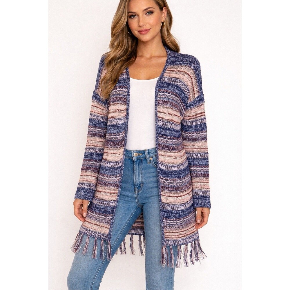 Wrangler Open Front Striped Fringed Cardigan Boho Western Size L Large EUC!!